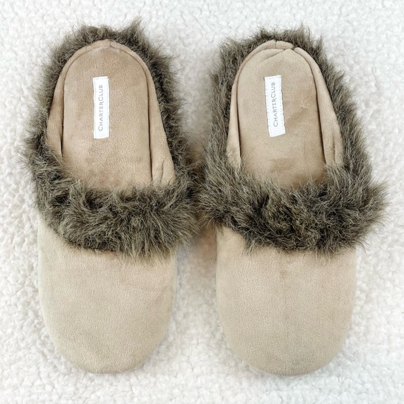 CHARTER CLUB • Cream/Brown Faux Fur Trimmed House Slippers - Picture 2 of 16